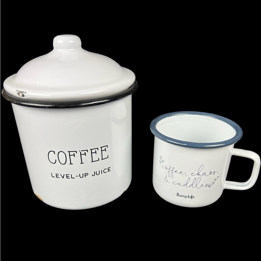 Unique Farmhouse Cottagecore Style Coffee Tin and Matching Tin Coffee Cup
